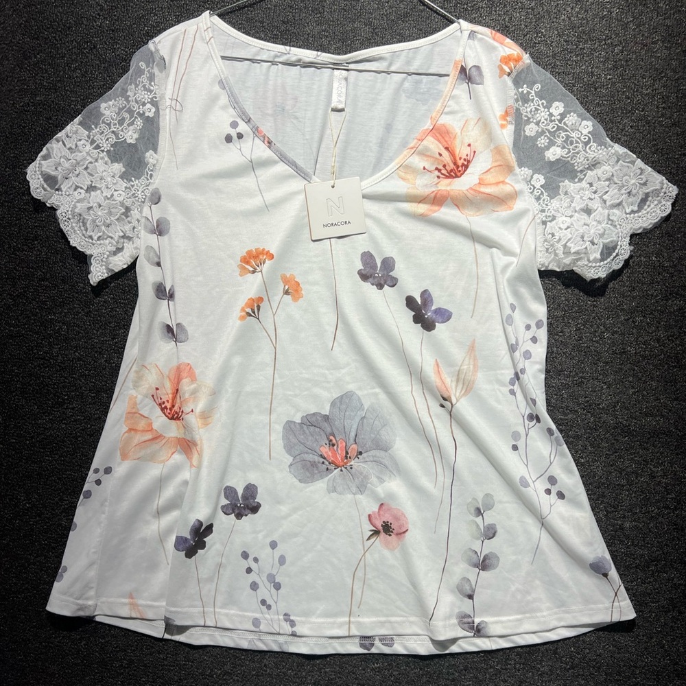 Noracora Floral Lace Sleeve Blouse - White and Orange